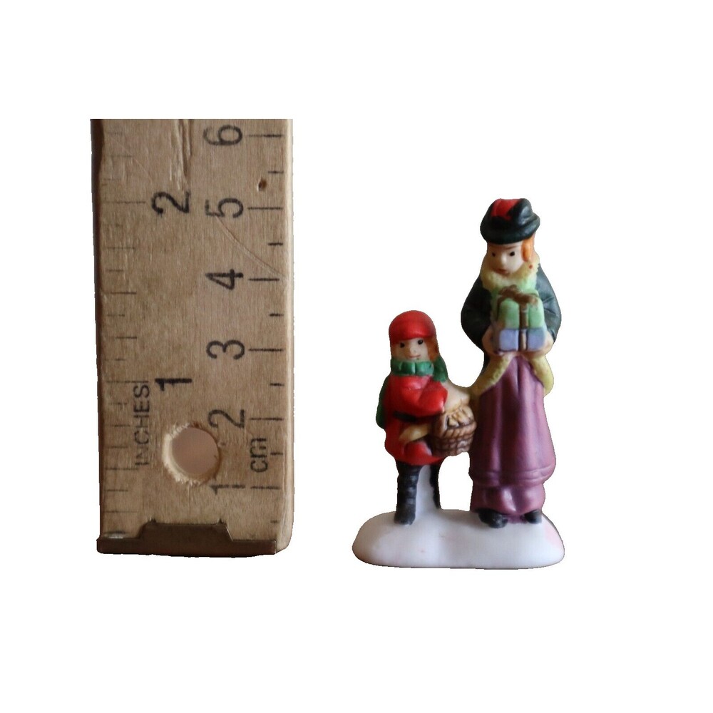 Christmas Village Figurine Child Boy Mother Nanny Woman Present Bread Basket 2"
